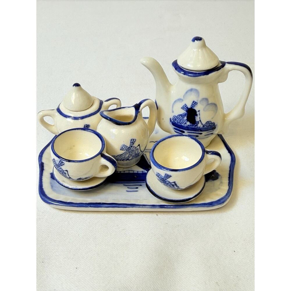 Windmill Blue White Porcelain Dollhouse Holland 10 Pc Miniature Tea Set
